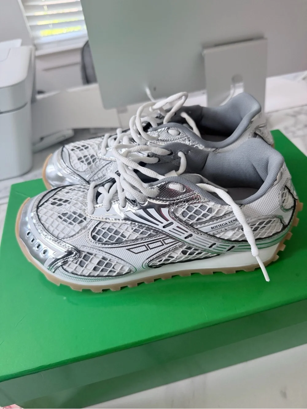 Bottega Veneta Silver, White & Green Kids Sneakers